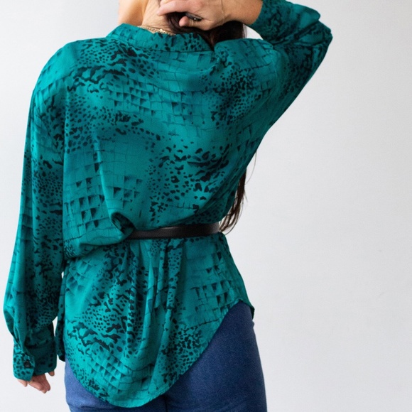 Vintage Teal Cheetah Print Blouse L - Picture 5 of 7